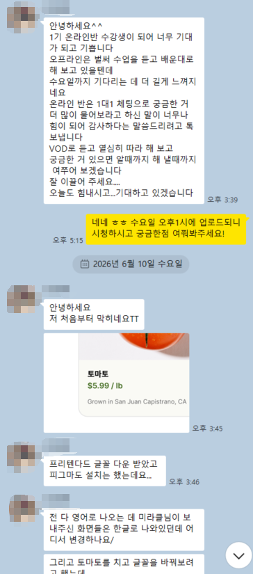 실제 1:1 카톡 케어 캡쳐